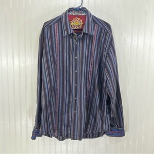 Robert Graham Men’s 2XL Striped Button-Up Shirt Blue Red Detailed Designer